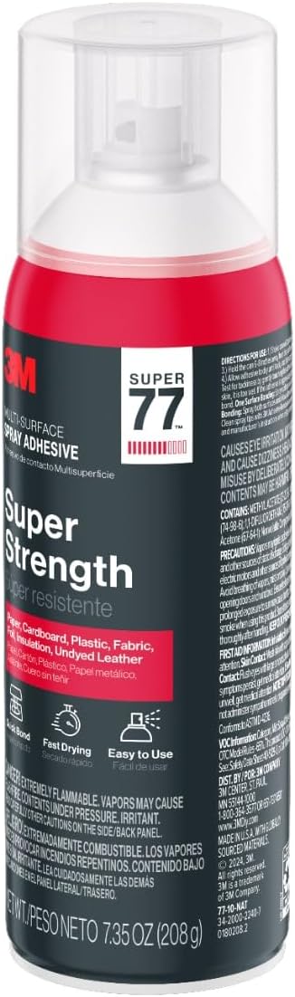 3M Super 77 Multi-Surface Spray Adhesive, 7.35 oz., Low VOC, Quick Bond, Fast Drying, Clear Finish for Foil, Foam, Paper, Metal, Plastic, Fabric, and Cardboard (77-10-NAT), 4-Pack