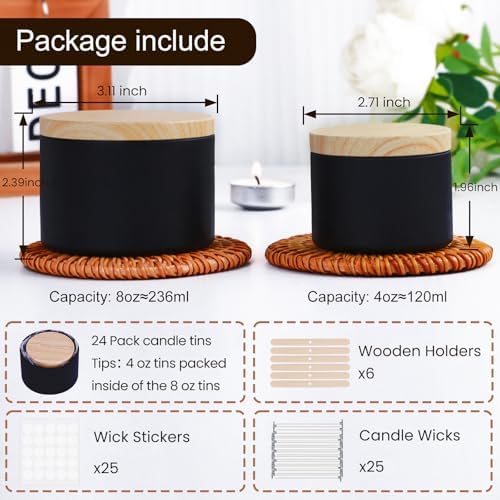 CONNOO 24 Pack - 12pcs 8oz & 12pcs 4oz Black Candle Tins with Lids