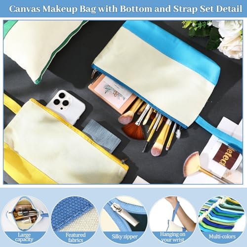 Silkfly 30 Pcs Cotton Canvas Makeup Bags Cosmetic Zipper Bags 10.2 x 5.5 x 2'' Blank DIY Pouch Bulk Pencil Case with Bottom Travel Toiletry Pouch for Women Craft Decor Gift (Blue,Green)