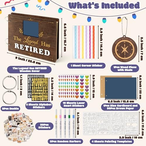 CY2SIDE Retirement Wooden Scrapbook Kit - 109PCS The Legend Has Retired Memory Book Gift for Men Women Coworker Teacher Parents, DIY Photo Book Keepsake Album for Retirement Party Farewell Celebration