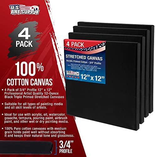 U.S. Art Supply 12"x12" Black Stretched Canvas for Painting, 3/4", 4-Pack