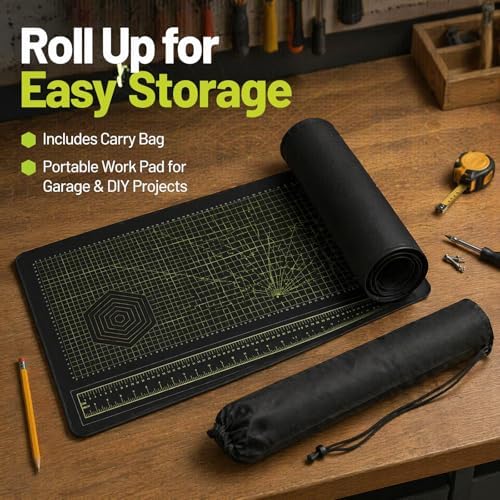 43x16 Inch Durable Workbench Mat, Foldable Rubber Pad with SAE & Metric Measuring Scales, Lightweight Portable Mat with Carry Bag for DIY, Carpentry & Repair Projects (Version 2)