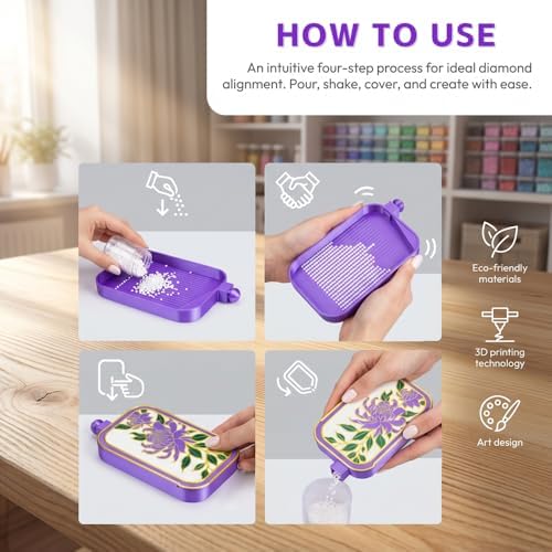 RaySoar 3D Printed Diamond Art Trays with Lids, High Edge Anti-Spill Rhinestone Tray with Exquisite Pattern for Diamond Art Accessories - Purple