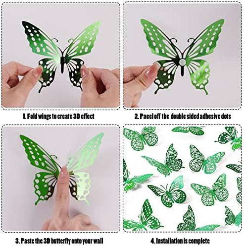 SAOROPEB 3D Butterfly Wall Decor 48 Pcs Dark Green Butterfly Decorations | 4 Styles 3 Sizes, Green Birthday Butterfly Party Decorations Butterfly Cake Decorations, Removable Stickers