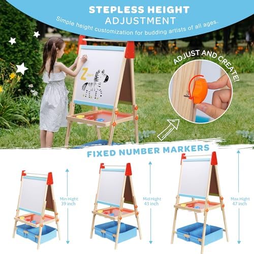 Blue 3-in-1 Wooden Kids Art Easel, Magnetic Whiteboard & Chalkboard