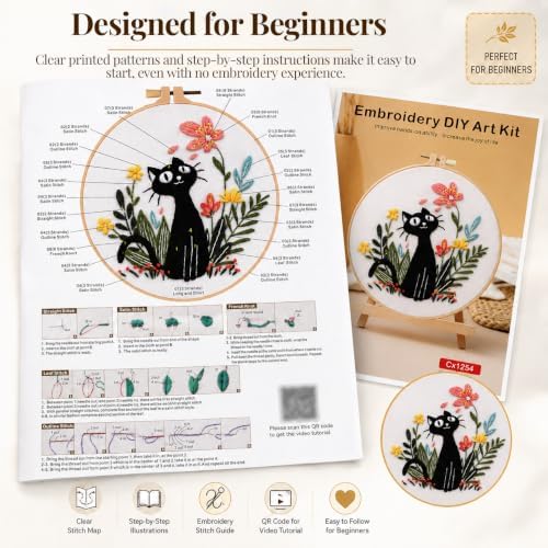 Thinas Embroidery Kit for Beginners Adults, 3 Pack Stamped Cat Cross Stitch Starter Set with Patterns & Video Tutorial, DIY Sewing Craft Supplies for Cat Lovers, Home Decor Gift Idea