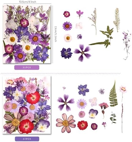 100 PCS Purple Pressed Dried Flowers and Leaves with Tweezers | Natural Dried Flowers, For Resin, Candle, Jewelry, Scrapbooking & DIY Crafts