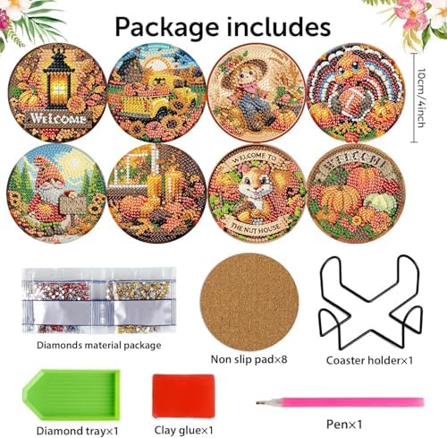 8 Pcs Fall Diamond Art Coasters Kits, Diamond Painting Coasters Kits ﻿ ﻿