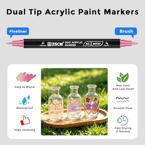 ZSCM 12 Pink Acrylic Paint Markers, Dual Fine & Brush Tip Acrylic Pens