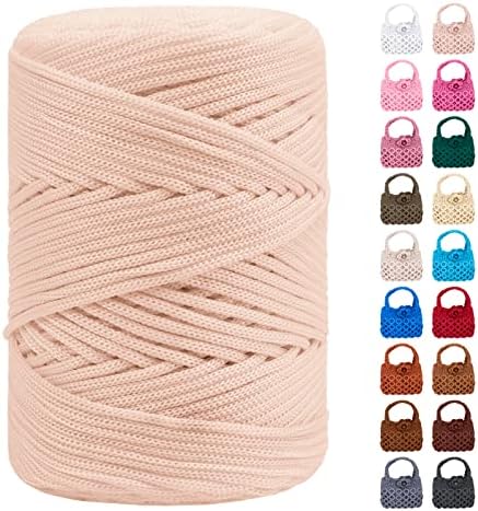 Polyester Macrame Cord 3mm x 185yards, Braided Macrame Cord Polypropylene Silk Cord, Crochet Bag Polyester Yarn for Crocheting, Bag, Wall Hangings, Rug, DIY Crafts (Khaki White)