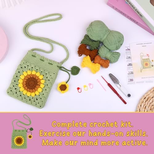 Pnytty Crochet Kit for Beginners, Sunflower Phone Bag Crochet Kit for DIY