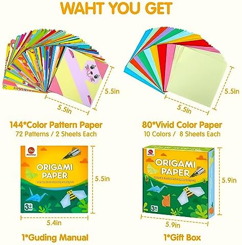 Mocoosy 224 Sheets Origami Paper Kit for Kids Ages 5-8 8-12, Folding Paper Set with Origami Book for Beginners, Art Craft Supplies for Boys Girls 9-12, Travel Game Car Road Trip Activities Toy Gifts