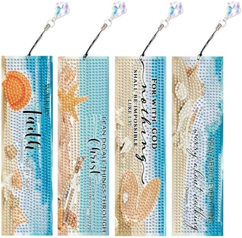 Mandun 4 Pcs Beach Diamond Painting Bookmark Kits, Special Shaped Diamond Art Bookmarks with Pendant, DIY Beach Diamond Art Bookmarks with Tassels Crafts Gifts Supplies