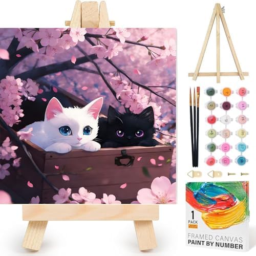 bleihum Cats Paint by Numbers Kit for Adults with Frame Wooden Easel, Cherry Blossoms Paint by Number Kits on Canvas, Small Painting by Numbers for Adult Beginners Home Decor 8X8 Inch