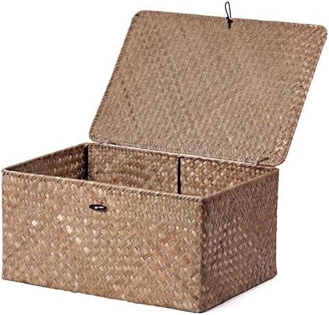 Nonam Large Wicker Basket with Lid,Seagrass Shelf Storage Basket,Coffee