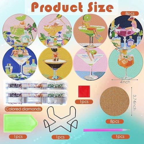 ijbnhd 8 Pcs Cocktail Diamond Art Coasters Kits, 4x4 inch (Cork Wooden Pad)