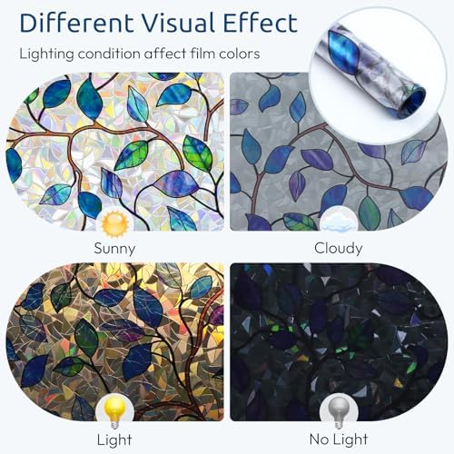 rabbitgoo Window Privacy Film Rainbow, Purple Blue Leaf, 23.6" x 157.4"