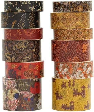 12 Rolls Chinoiserie Washi Tape Set Chinese Arts Adhesive Tapes Geometric Garden Decorative Masking Tape Sets for Craft, Kids, Scrapbook, DIY, Gift Wrapping (Echoes of Loulan)