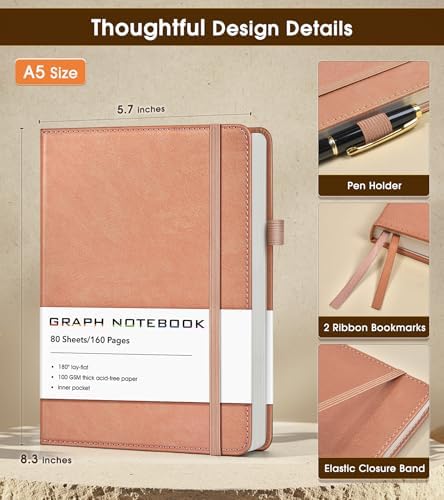 A5 Leather Hardcover Graph Paper Notebook, 160 Pages (5 Squares/Inch), 180° Lay-Flat Binding, 100 GSM Thick Paper, for Math, Engineering, Students & Technical Work (Pink)
