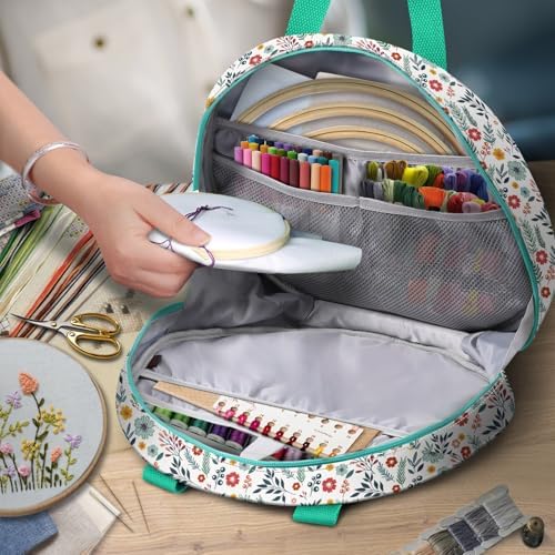 FINPAC Embroidery Project Bag, Embroidery Supplies Storage Carrying Tote Case with Multiple Pockets for Floss, Hoops, Thread, Stitch Tools Kit [Bag Only], Spring Bloom