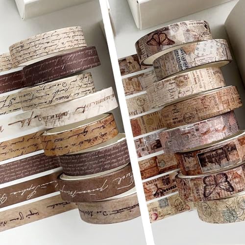 16 Rolls Vintage Washi Tape Set with Handwritten Text, Retro Junk Books