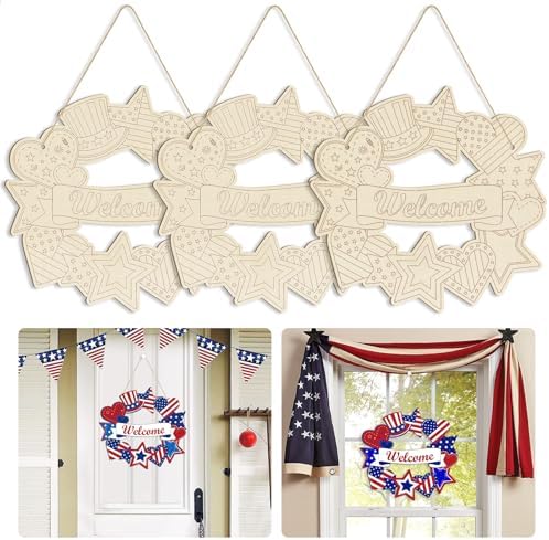 Large 12" Wooden 4th of July Crafts Star Ornaments to Paint, DIY Blank Unfinished Star Door Sign Wreaths for Front Door Plaque 250th Anniversary Hanging Patriotic Day Independence Day Decoration