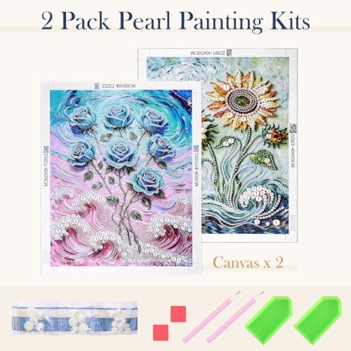 FunooFuno 2 Pcs Sunflower Rose Pearl Diamond Art Kits for Adults, 16" x 20"