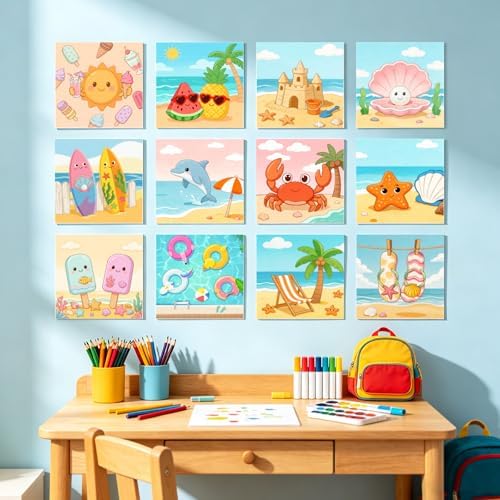 12 Packs Summer Pre Drawn Canvas to Paint, Ocean Pre Printed Canvas for Painting, Pre Stretched Canvas Outline Painting Boards for Beginners, Students, Party Favors 4 * 4inch