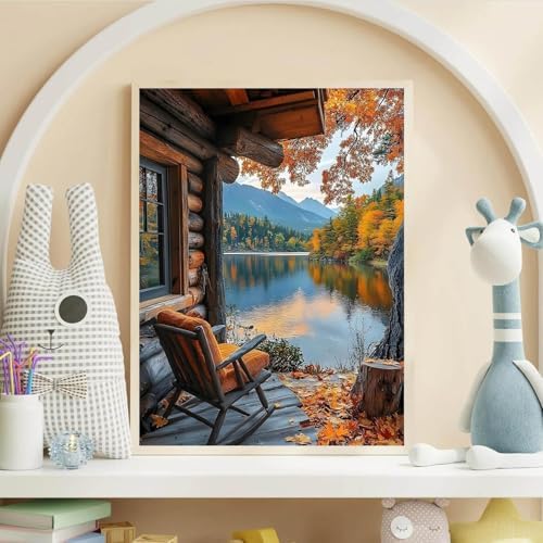 Wooden houses by the lake Diamond Art Kits for Adult Diamond Painting Kit