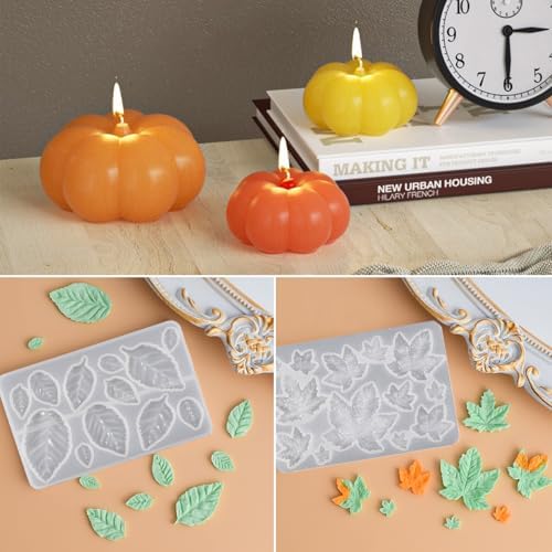 Wehous 4PCS Pumpkin Leaf Silicone Molds Set, Assorted Size Fall Pumpkin Leaves Resin Candle Molds, 3D Halloween Thanksgiving Ornament Molds, Autumn Silicone Molds for Epoxy Resin Art Craft Home Decor