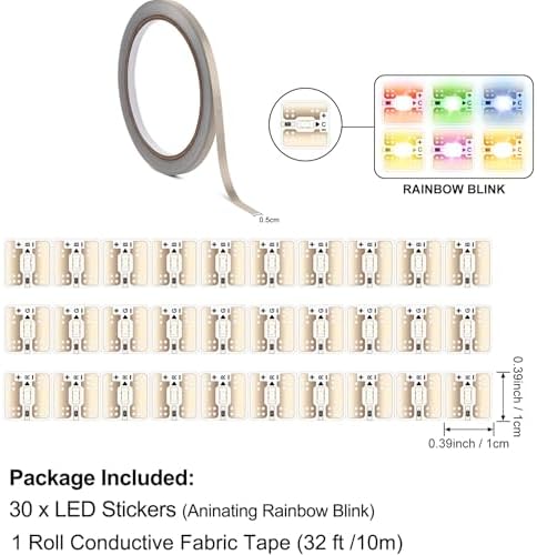 30 Pcs Aninating Rainbow Blink LED Circuit Stickers Light Craft Kit for Making Light-Up Cards Projects, with 1 Roll Conductive Fabric Tape, Add Lights to Holidays, Birthdays and Special Cards Decor