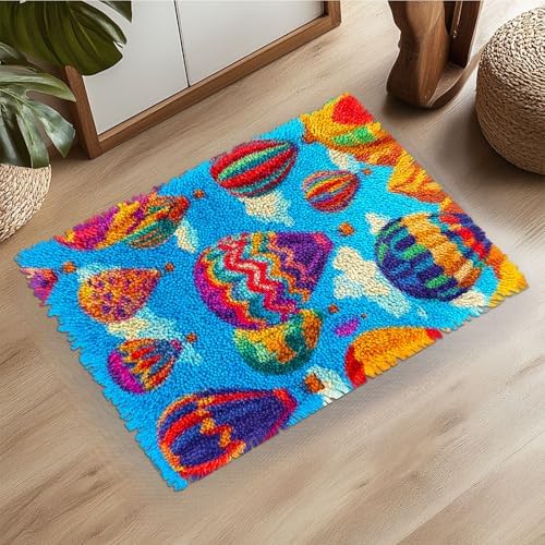 Latch Hook Rug Kit Colorful Hot Air Balloons Pre-Printed Handmade Carpet Crochet Yarn Craft DIY Hook and Latch Door Mat Tapestry for Home Floor Decoration 52x38cm-1