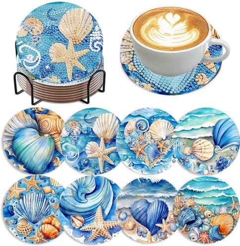8 Pack Ocean Diamond Art Coasters,Seashell Diamond Painting Coasters Kits