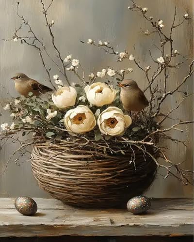 MBNTJHT Bird Paint by Numbers Kit for Adults,Birds Flowers Paint by Number Kits for Adults Beginners,Unframed Flower Basket Digital Oil Painting Crafts for Wall Decor Gifts 16X20 Inch.