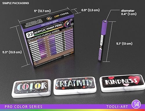 Acrylic Paint Pens 22 Purple Tones Assorted Pro Color Series Markers Set 0.7mm Extra Fine Tip for Rock Painting, Glass, Mugs, Wood, Metal, Canvas, Projects, Non Toxic, Waterbased, Quick Drying