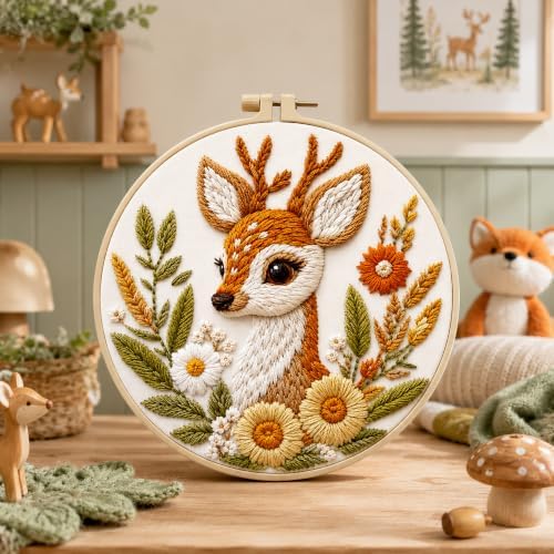 Zhenqing Deer Embroidery Kit for Beginners, Cute Fawn Needlework Craft with Pre-Printed Cotton Fabric, Hoop, Threads & Tools, Woodland Animal Decor, 29x29cm (C0057)