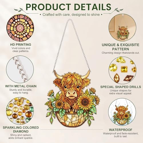 HMZephitiquc Highland Cow Hanging Diamond Art Kits for Adults, Special Shaped Crystal Diamond Painting Suncatchers, 5D Gem Art, Sun Catchers DIY Craft Kits for Gift Home Decor