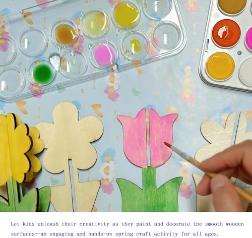 40PCS 3D Unfinished Blank Flower Wooden Cutouts Craft for Kids | Spring Tulip for Children's Painting DIY Room Decoration Gift Giving Surprise (40Flower)