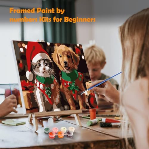 MOGTAA Christmas Paint by Numbers Kit for Adults Beginners with Frame, Cat and Dog Adult Paint by Number Kits on Canvas with Easel, Easy DIY Animal Oil Painting Kits for Home Decor, 8x12in