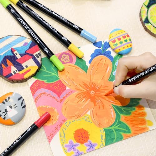 Recheel Acrylic Paint Markers, 30 Colors Dual Tip Fine & Brush Pens for Art | For Rock, Wood, Canvas, Glass, Ceramic & More, Perfect for Multi-Surface DIY Crafts and Creative Art Projects