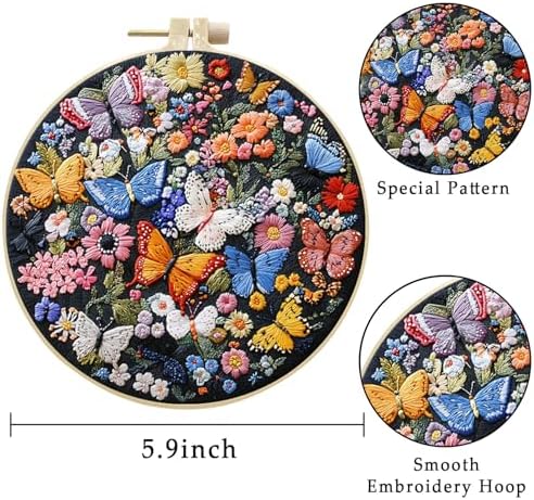 LB 4 Pack Colorful Floral Embroidery Kit for Beginners Nature Butterfly Beginner Embroidery Kit for Adults DIY Starter Kit with Embroidery Hoop Colorful Threads Tools Step by Step Instructions