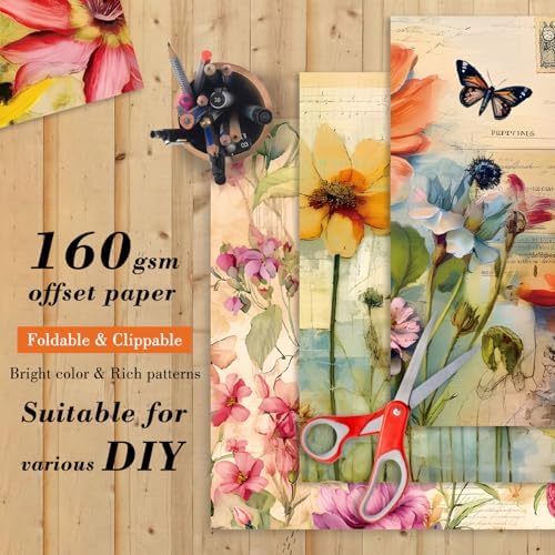 Vintage Floral Scrapbook Paper Pad, 24 Sheets 6''x 6'' Flowers Patterned Designed Decorative Decoupage for Wedding Folded Card Material Gift Wrapping Planners Journals DIY Crafts Photo Album