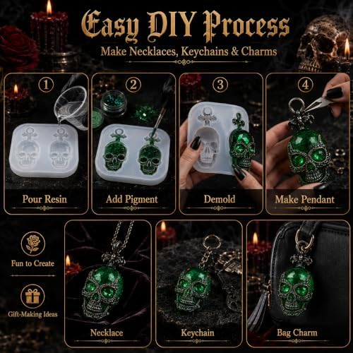 Gothic Bat Top Faceted Skull Silicone Resin Mold with Pre-Made Hanging Hole, 2 Cavity Skull Pendant Epoxy Mold, DIY Jewelry Charm Casting Supplies for Halloween & Christmas Crafts (KL05)