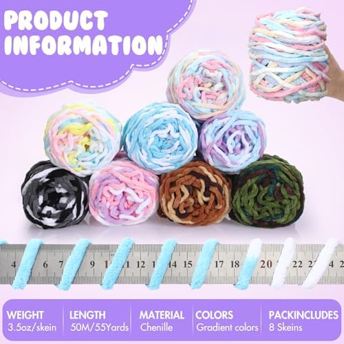 Buryeah 8 Pack Chunky Chenille Yarn for Crocheting, Gradient Colors