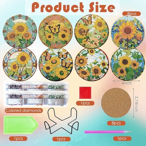 ijbnhd 8 Pcs Sunflower Diamond Art Coasters Kit Diamond Painting Coasters
