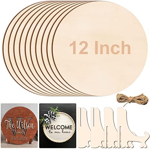12 Inch Wood Circles for Crafts, 10Pcs Unfinished Wood Rounds with Holders for Cricut Projects, Burning, Painting, Door Hanger, DIY Wooden Crafts Gifts for Halloween Fall Holiday Home Decor(10PCS)
