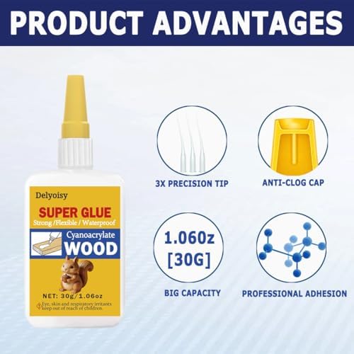 30g Wood Glue for Woodworking – Clear Super Glue with 3 Precision Tips for Furniture Repair & Crafts – Fast Curing, Strong Bond CA Adhesive for Wood, Model Building & DIY Projects