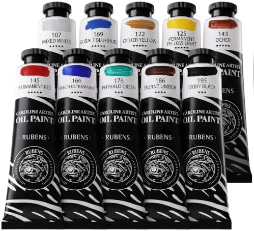 rubens Caroline Oil Paint Set 2oz 10 Standard Colors Oil Paint for Canvas | Professional Oil Paints with Thicker Creamy Texture, High Saturation, Large Tubes Art Supplies for Adult, Artists, Beginners