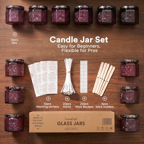 LumaCraft 12 Pack 4oz Glass Candle Jars with Lids, Hexagon Embossed Candle Making Containers, Empty Candle Jars with 20 Wicks & Labels for DIY Candle Making, Party Favors, Home Decor
