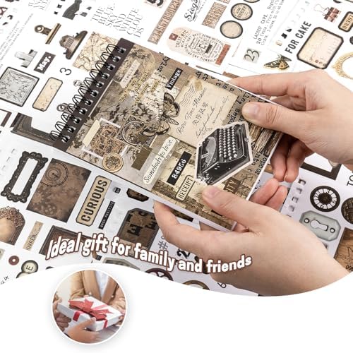 595Pcs Vintage Washi Stickers for Junk Journaling | 50 Sheets pre-cut dark academia ephemera in a portable booklet. No-residue washi material perfect for DIY scrapbooks
